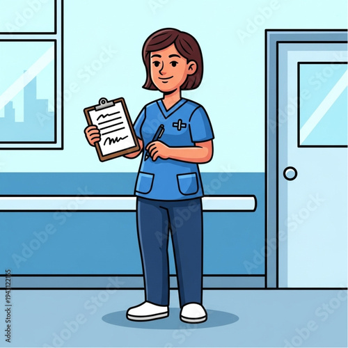 Female Nurse Holding Clipboard in Hospital Setting.