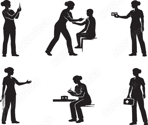 Nurse Vaccination Campaign Silhouette Bundle 6 Poses Healthcare Worker Vector