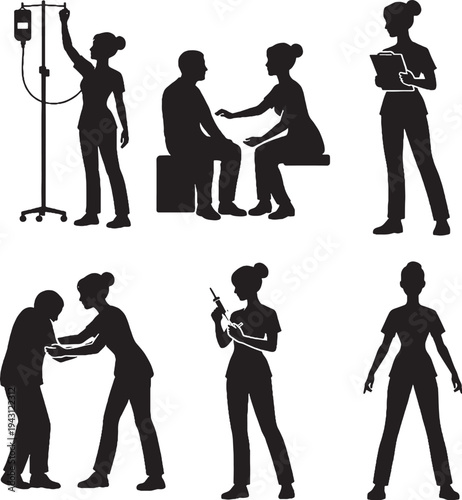 Oncology Care Nurse Silhouette Bundle Black White Cancer Treatment Support Set