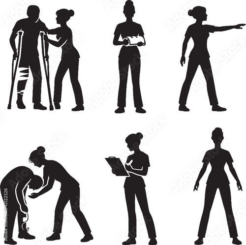 Orthopedic Care Nurse Silhouette Bundle Black White Rehabilitation Support Set