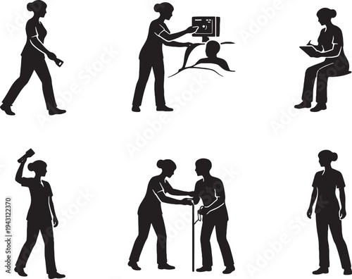 Nurse Night Shift Hospital Silhouette Bundle 6 Poses Healthcare Worker Vector