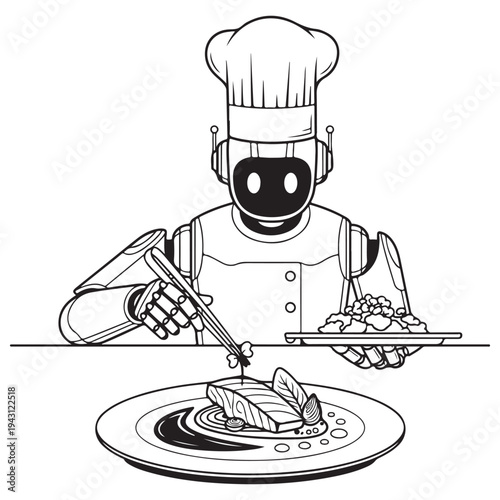 Monochrome Vector Artwork: Robotic Chef Skillfully Plating Gourmet Food