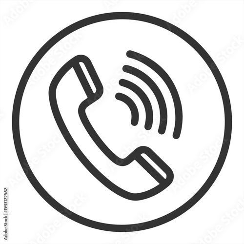 A simple black and white icon of a phone in a circle with signal waves