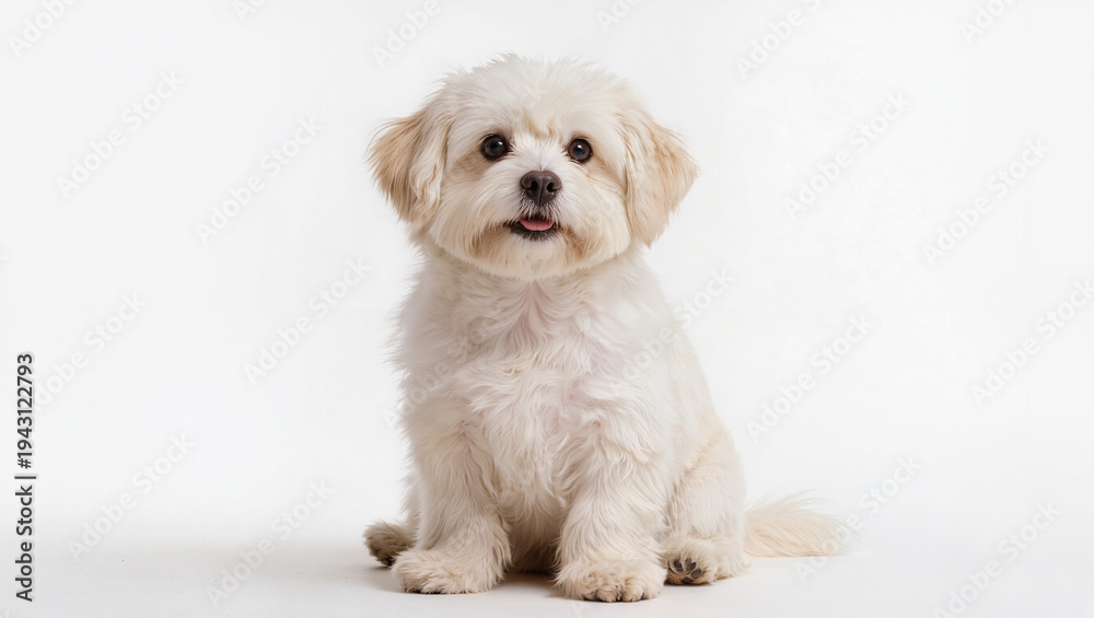 Fototapeta premium Adorable Fluffy White Dog Sitting Peacefully, Looking at Camera