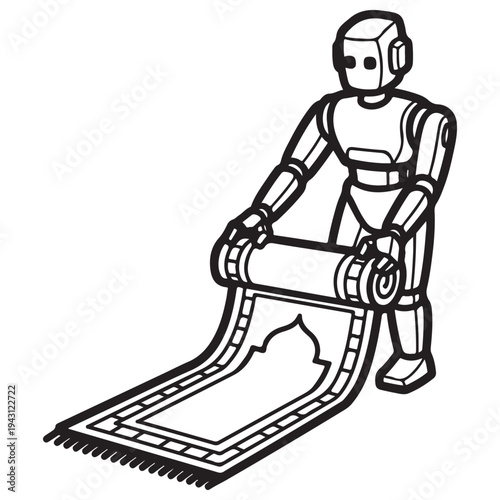 Robot Unrolling Islamic Prayer Mat Line Art on White