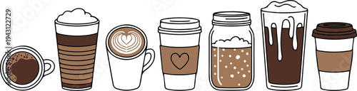 Set of various coffee icons including espresso latte art cold brew and takeaway cups isolated on white background for cafe menu branding design.