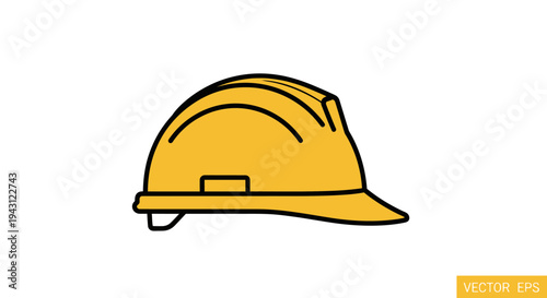 A simple line drawing of a yellow hard hat on a white background with a small orange text box.