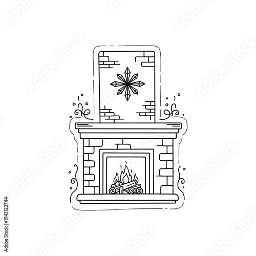 Fireplace with stone mantel and glowing fire.