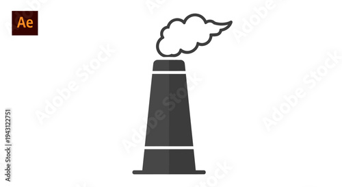 A simple black industrial chimney emitting smoke against a clean white background with a minimalist design style.