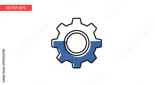 Vector illustration of a gear icon divided in white and blue colors on a plain white background.