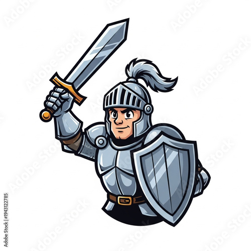Cartoon Knight in Silver Armor with Sword.