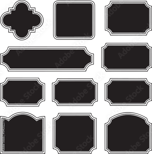 Collection of various black blank decorative frame labels and plaques ready for text