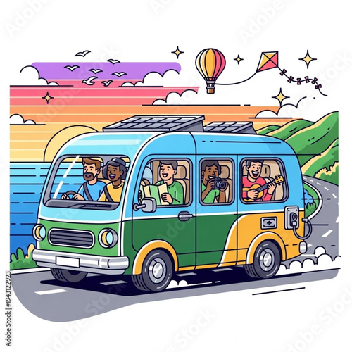 Colorful Camper Van with Happy Travelers.