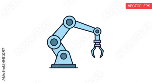 Vector illustration of a blue robotic arm with a claw-like gripper on a white background with a red VECTOR EPS label.