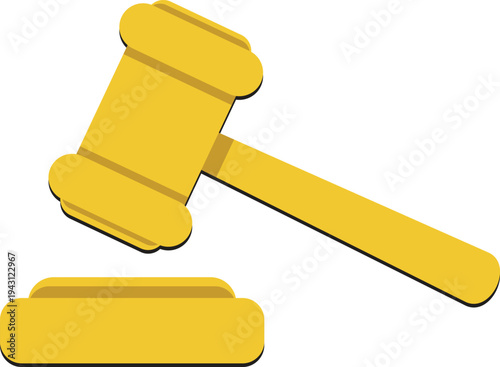 A minimalist vector illustration of a golden auction gavel striking a base, symbolizing law, justice, bidding, and legal decisions, isolated on a clean light background with soft gradients