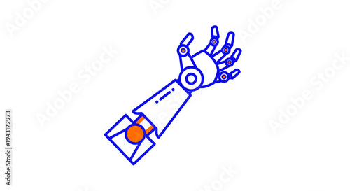 A blue robotic hand with an orange joint is raised upwards against a white background in a close-up view.