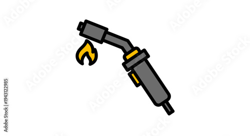 A gray and yellow blowtorch with a flame burning at the nozzle against a white background.