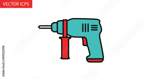 Vector illustration of a teal and red electric drill on a white background with a red label.