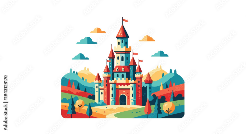 Obraz premium Colorful illustration of a castle with clouds and hills