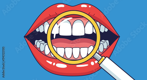 Smiling lips with magnifying glass on white teeth, oral health checkup, dental care concept