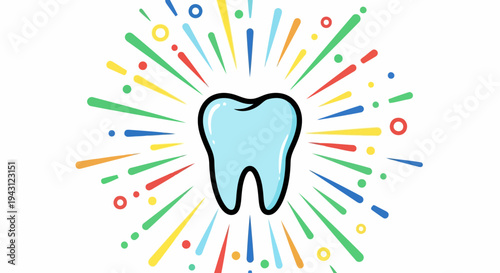 Colorful tooth icon with vibrant rays and dots, dental health concept
