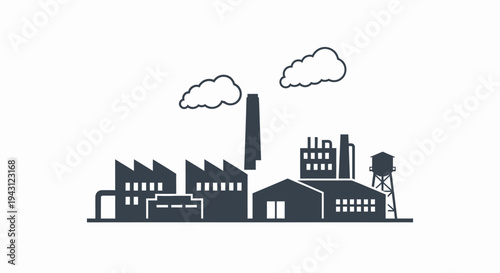 A simple line drawing of an industrial landscape with buildings and smokestacks against a white background with clouds.