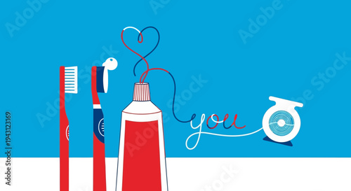 Toothbrushes, toothpaste, and dental floss on blue background with heart shaped floss