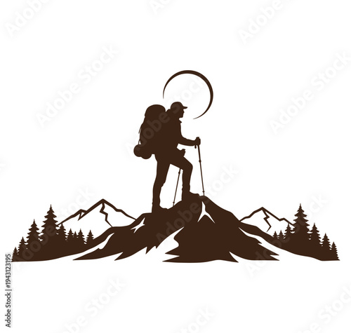 Hiker standing on mountain peak with backpack and trekking poles at sunset or sunrise