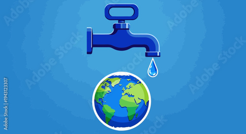 Water faucet dripping over Earth globe conservation concept
