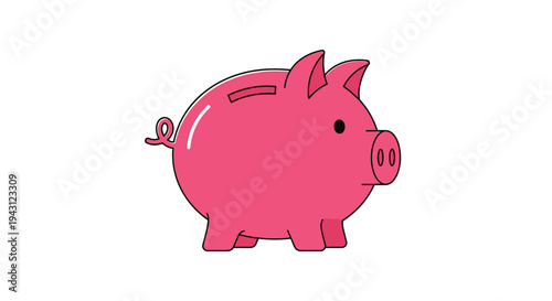 A pink cartoon piggy bank with a slot on top and a curly tail against a clean white background.