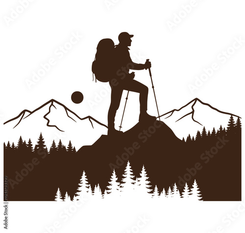 hiker standing on mountain peak with backpack and trekking poles looking at landscape