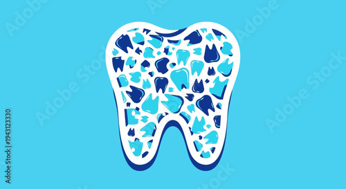 Tooth icon with blue and white spots on light blue background, dental health symbol