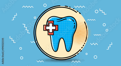 Dental care tooth with medical cross on blue background