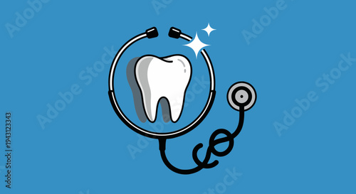 Dental care concept with tooth and stethoscope on blue background