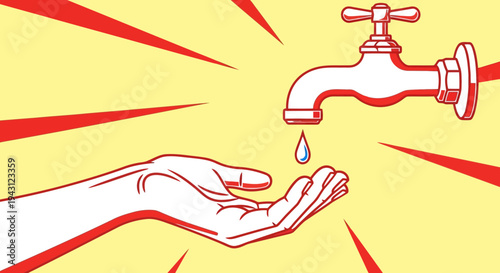 Hand catching water drop from faucet, conservation concept