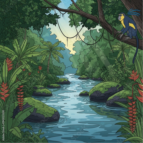 Colorful Parrot Sitting on Tree Branch.