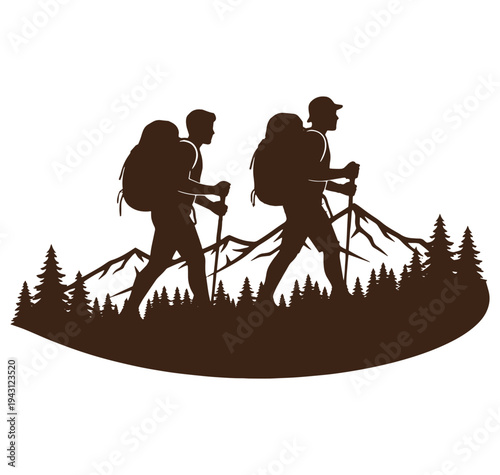 hikers with backpacks walking on mountain trail with trees and mountains in background
