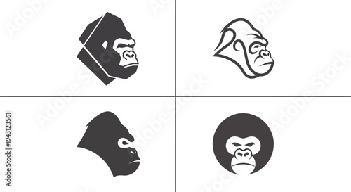 Four stylized gorilla head logos and icons. Powerful ape symbol vector designs for strength, wildlife, and mascot concepts.