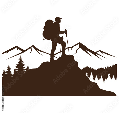 hiker standing on mountain peak with backpack and trekking poles looking out at mountains and trees