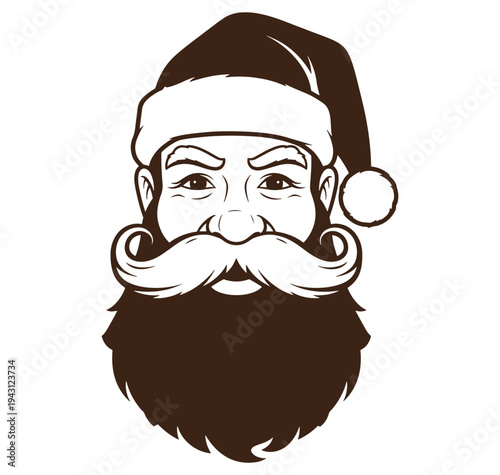 Illustration of a man with a long mustache and beard wearing a Santa hat isolated on white background