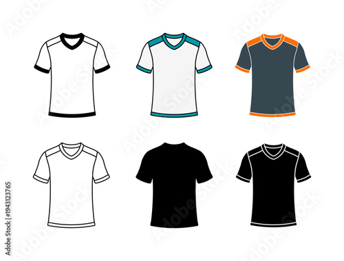 Colorful and black soccer jersey icons set, without background