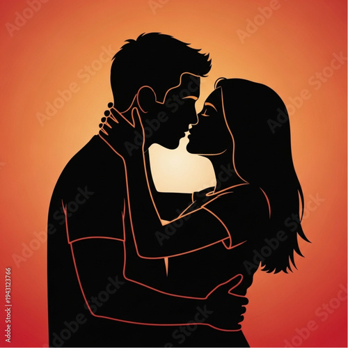 Couple Embracing and Kissing Silhouette Illustration.