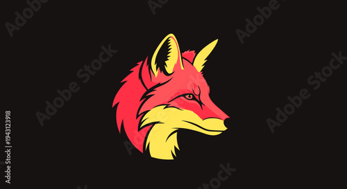Stylized red and yellow fox head illustration on a black background. Modern graphic design vector artwork, iconic animal profile.
