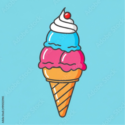 Colorful Ice Cream Cone with Whipped Cream.