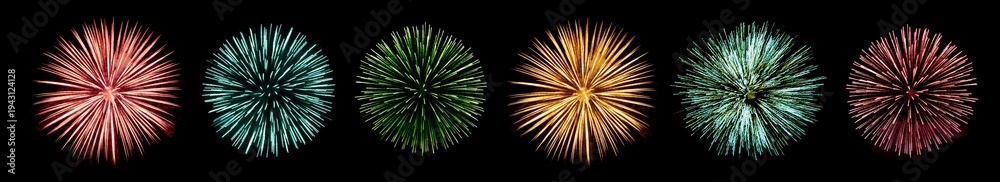 Fototapeta premium Collection of colorful fireworks bursts isolated on black background. Festive celebration elements representing holidays, festivals, New Year events and party decorations.