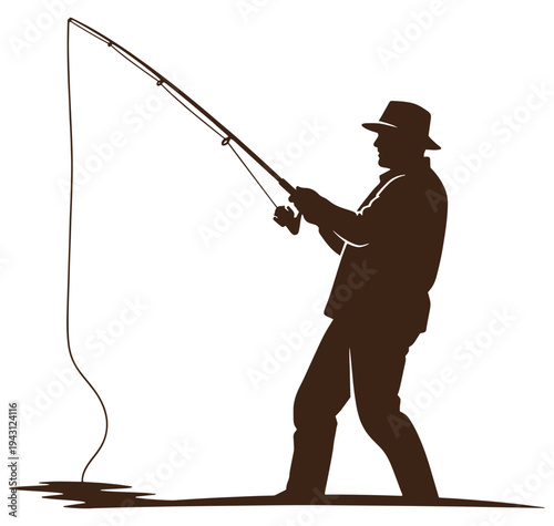 man in hat holding fishing rod casting line outdoors recreational activity