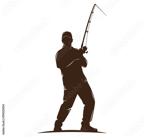 man in silhouette holding a fishing rod and reeling in a catch on white background