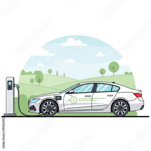 Electric Car Charging at Station Outdoors.