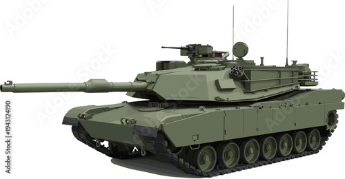 "Modern matte green military battle tank illustration with heavy armor, rotating turret, advanced weapon systems, defense technology, and educational armored warfare design resources"