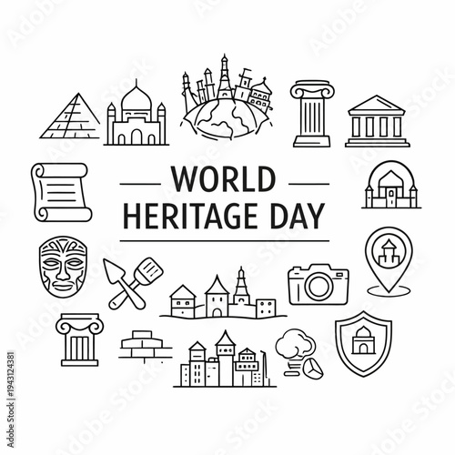 World heritage day iconic landmarks and monuments illustration
